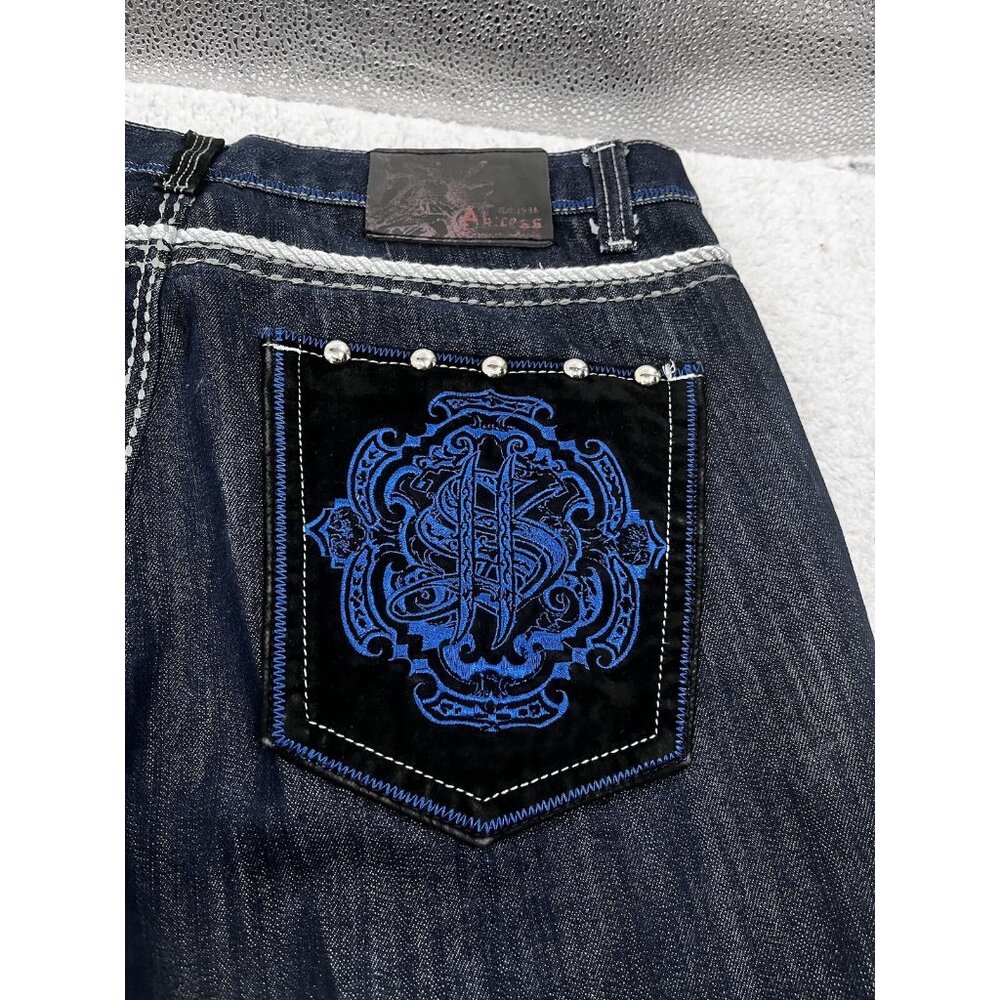Men's Ak:Cess Akcess Dark Wash Baggy Y2K Embellished Denim Jeans Size 36x32 - Picture 14 of 16